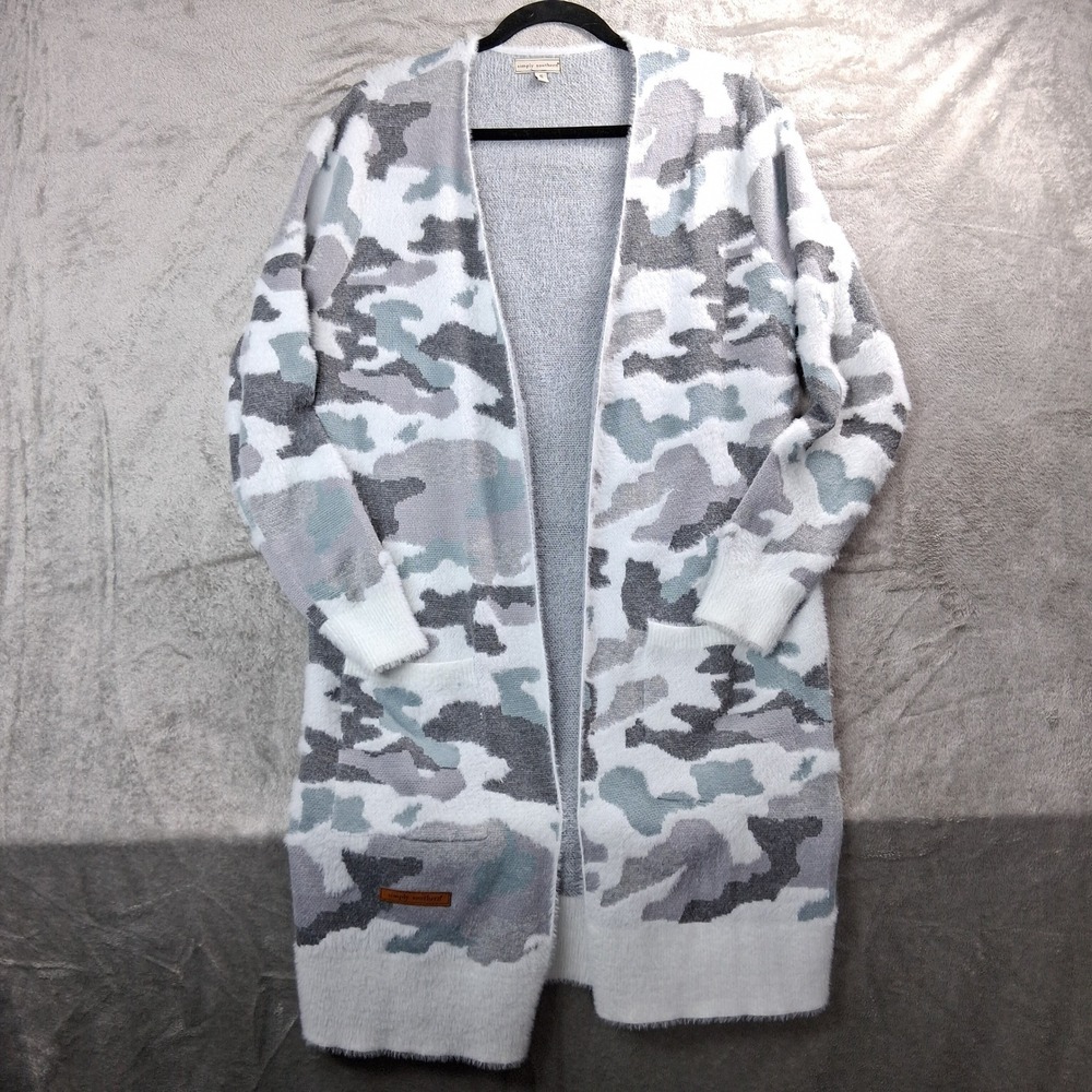 Simply Southern Camo Eyelash Knit Open Front Long Cardigan Small Gray Blue White